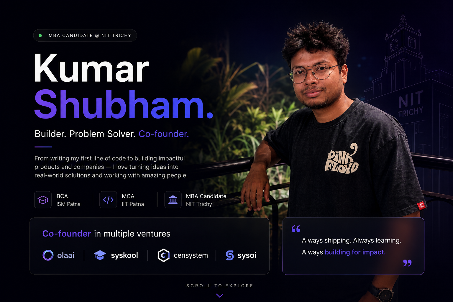 Kumar Shubham MBA from NIT Trichy, MCA from IIT Patna, co-founder for many ventures
